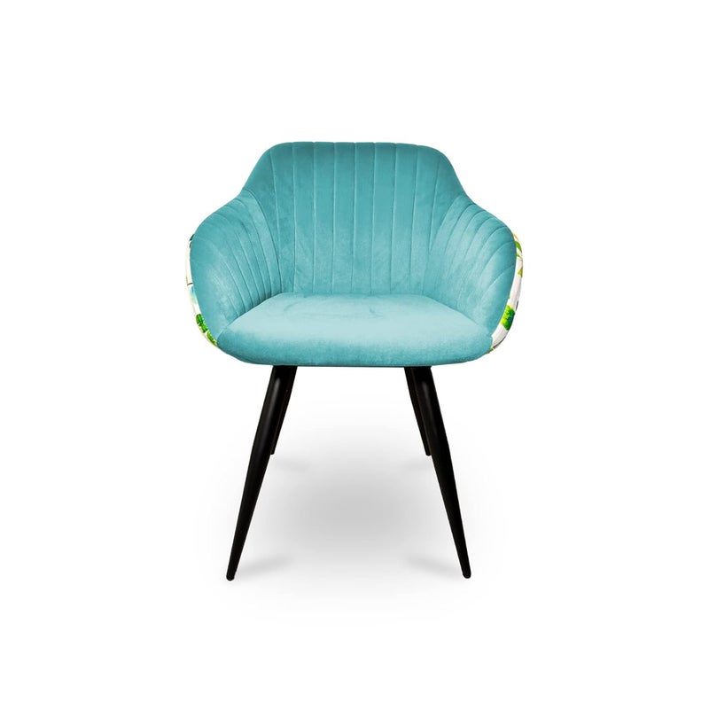 Finch Fox Finch Fox Unique PU Velvet Fabric with Flower Fabric Dining Chair Black Metal Powdered Coated Base for Cafe Chair Side Chair Kitchen Breakfast Living Room Chair in Light Blue Multicoloured Color