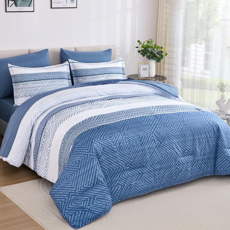 Drucon 7 Piece Striped Comforter Set King Size Light Blue Bed in a Bag, Soft Microfiber Complete Bedding Set with Sheets for All Season - Image 1