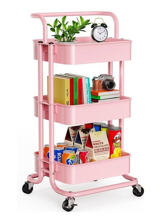 Three-layer multi-purpose rolling shelf metal trolley organizer, suitable for bedrooms, living rooms, kitchens, etc. Pink  - Image 1