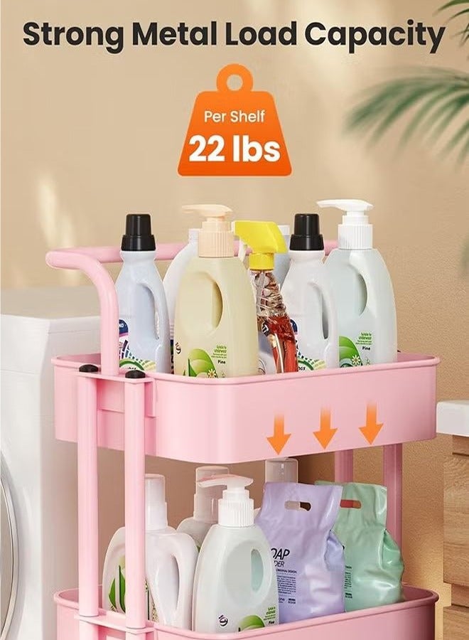 Three-layer multi-purpose rolling shelf metal trolley organizer, suitable for bedrooms, living rooms, kitchens, etc. Pink  - Image 3