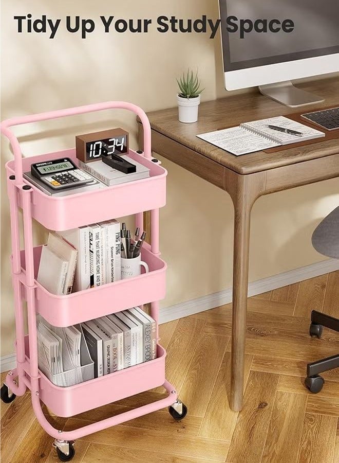Three-layer multi-purpose rolling shelf metal trolley organizer, suitable for bedrooms, living rooms, kitchens, etc. Pink  - Image 2