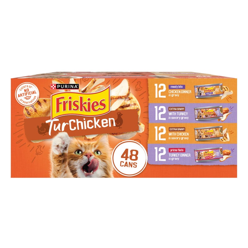Friskies Purina Friskies Wet Cat Food Gravy Variety Pack, TurChicken Extra Gravy Chunky, Meaty Bits and Prime Filets - 48 ct. Can - Image 1