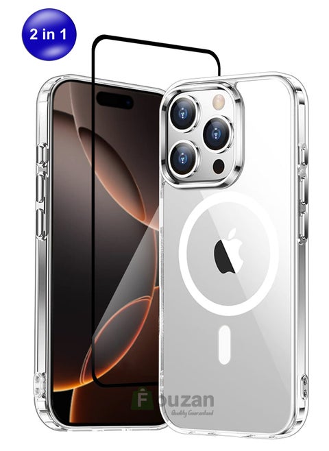 2 in 1 Pack Crystal Clear Flexible Protective Silicone -MagSafe/Wireless Charging Back  Case and Tempered Glass Screen Protector For iPhone 16 Pro Max