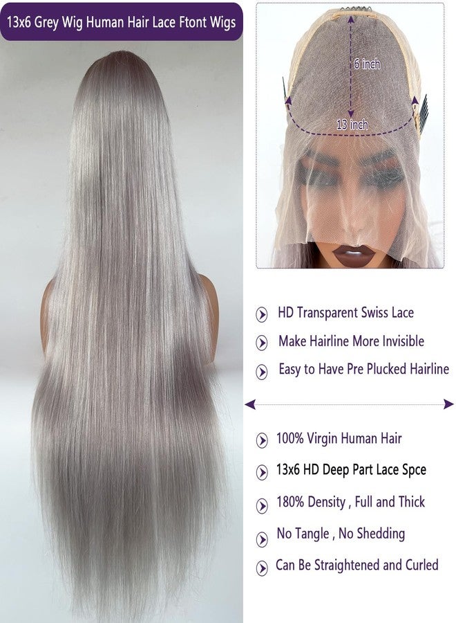 Ubetta Grey Lace Front Wigs Human Hair, Glueless Grey Wigs Human Hair Pre Plucked HD 13x6 Lace Front Grey Wig for Black Women 180% Density 22 Inch Colored Silver Gray Straight Human Hair Lace Fronal Wig - Image 3