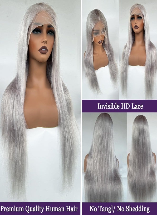 Ubetta Grey Lace Front Wigs Human Hair, Glueless Grey Wigs Human Hair Pre Plucked HD 13x6 Lace Front Grey Wig for Black Women 180% Density 22 Inch Colored Silver Gray Straight Human Hair Lace Fronal Wig - Image 2