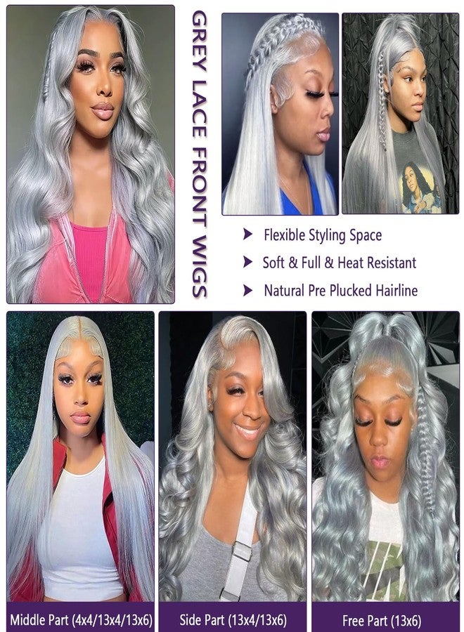 Ubetta Grey Lace Front Wigs Human Hair, Glueless Grey Wigs Human Hair Pre Plucked HD 13x6 Lace Front Grey Wig for Black Women 180% Density 22 Inch Colored Silver Gray Straight Human Hair Lace Fronal Wig - Image 5