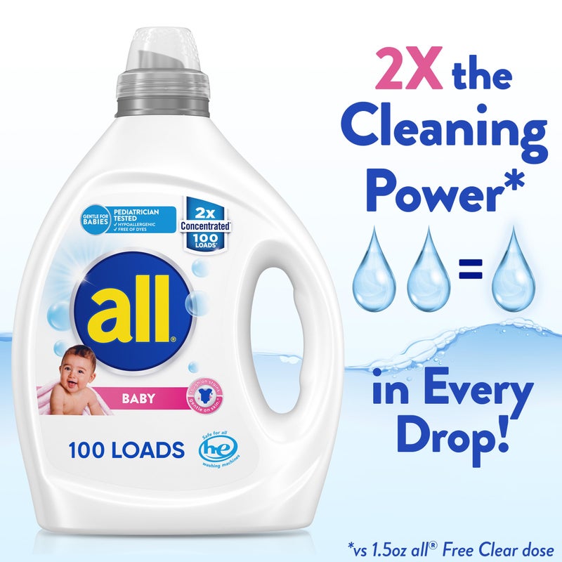 all Liquid Laundry Detergent, Gentle for Baby, Hypoallergenic & Free Of Dyes, 2X Concentrated, 100 Loads - Image 3