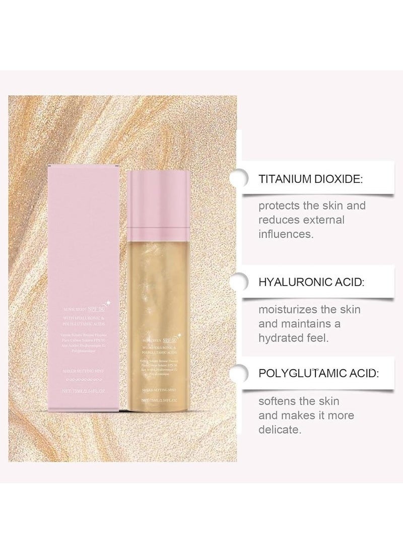 Sunglaze Sheer Setting Mist Sunscreen SPF 50, Hydrating Makeup-Friendly Glow Spray for Face, Reef-Safe Non-Greasy Formula, Non-Greasy & Fast-Absorbing, Shimmer Sunscreen-Broad