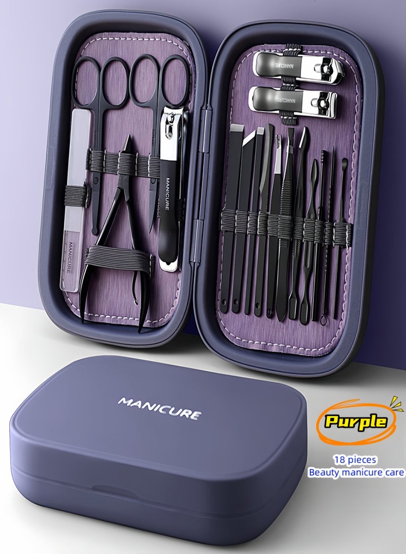 Generic 18Pcs Manicure Sets Modern Style Including Stainless Steel Nail Clippers Cuticle Scissors Pedicure Professional Kits Scissors Tools with Protective Case (Purple)  - Image 1