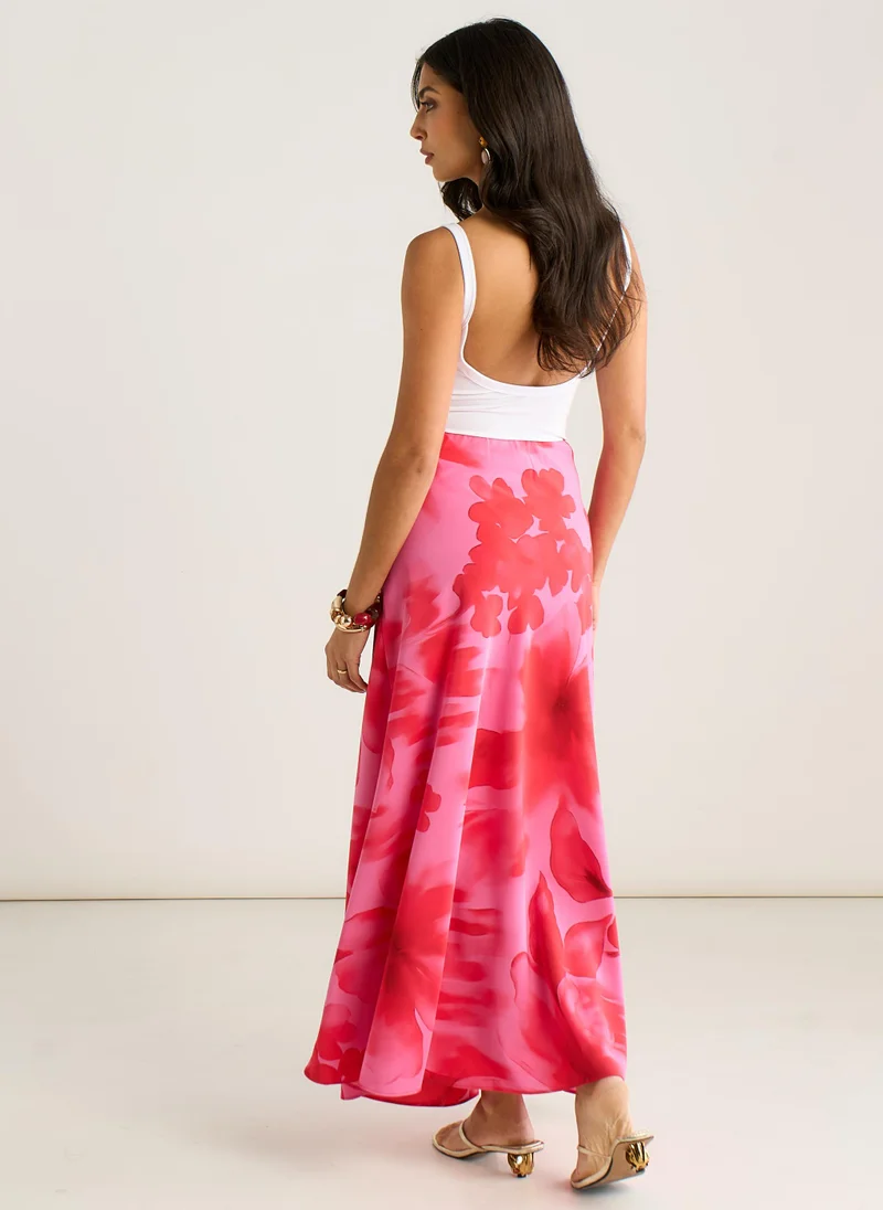 Gini London Pink Watercolour Floral Print A Line Maxi Skirt