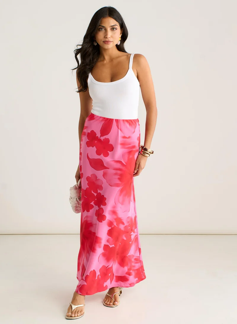 Gini London Pink Watercolour Floral Print A Line Maxi Skirt