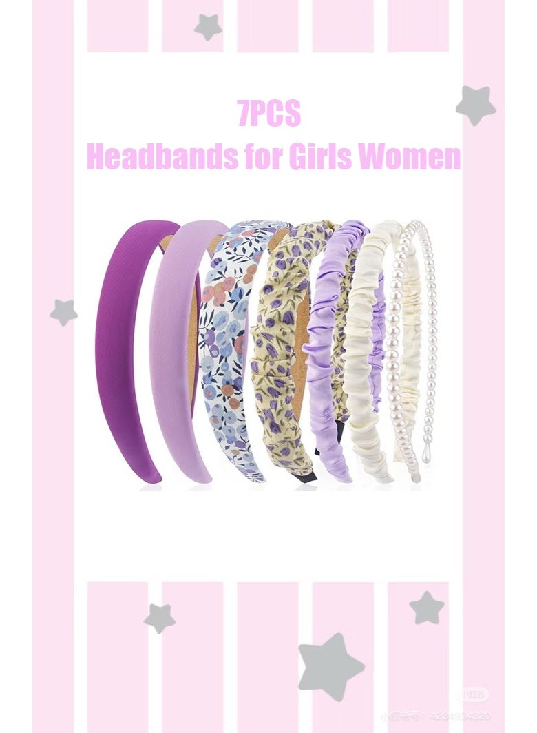 7 Pack Headbands for Girls Women Headbands Trendy Non Slip Hairbands Lovely Hair Accessories Multi-style Pearl Headband Pack (Purple) - Image 1