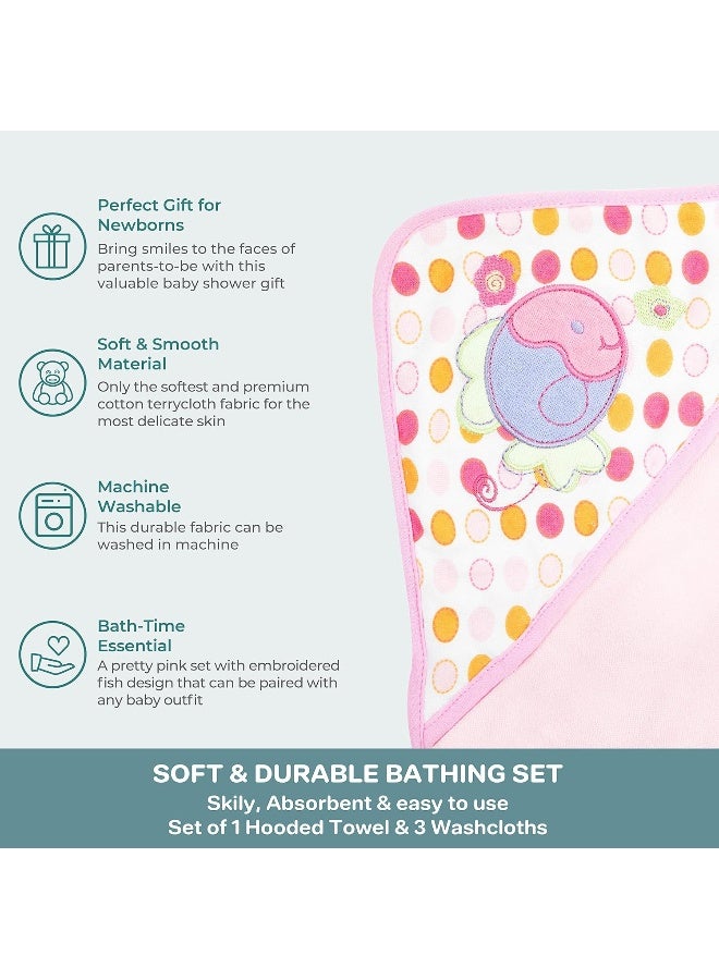 Spasilk منشفة سباسيليك للأطفال مع غطاء رأس و 3 قطع قماش استحمام، مستلزمات استحمام الأطفال، مقاس واحد، سمكة وردية - Image 4