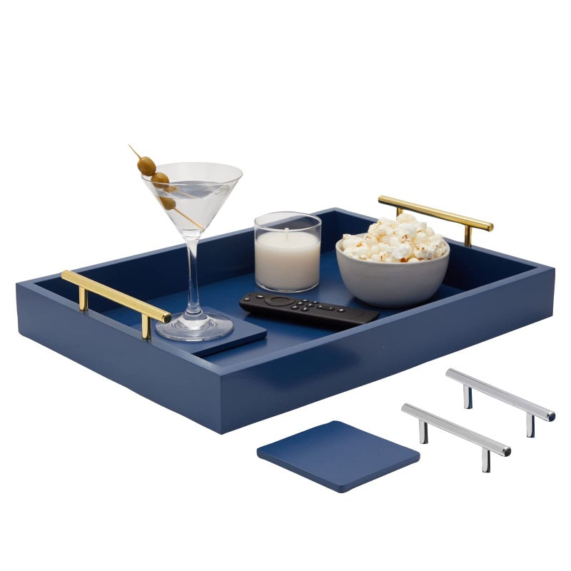Juvale Coffee Table Tray - 15.7 x 11.8 x 3 in, Blue, Rustic Wood - Serving Tray with Interchangeable Gold & Silver Handles for Coffee Table Decor & Ottoman Use with 2 Coasters - Image 1