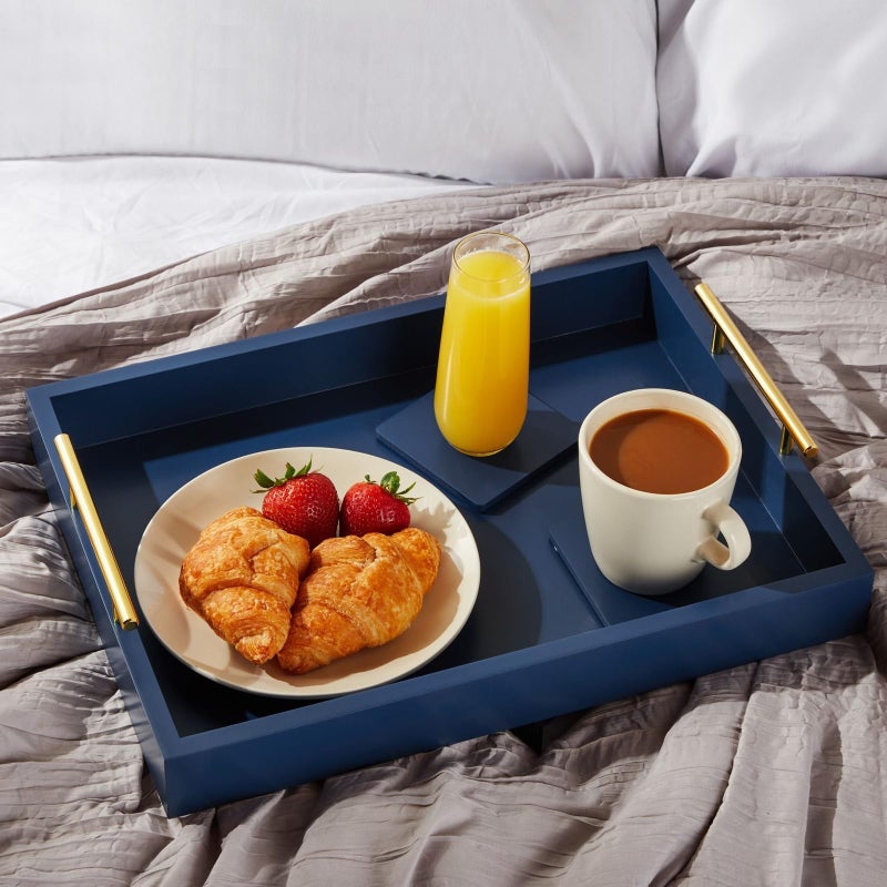 Juvale Coffee Table Tray - 15.7 x 11.8 x 3 in, Blue, Rustic Wood - Serving Tray with Interchangeable Gold & Silver Handles for Coffee Table Decor & Ottoman Use with 2 Coasters - Image 3