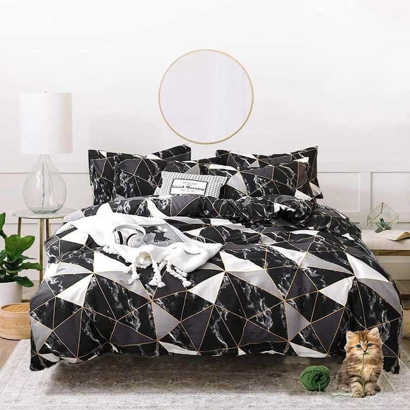 Houseri Houseri Queen Comforter Set Black White Grey Geometric Marble Plaid 3 Pieces All Season Modern Chic Black Gold Line Bedding Sets Queen Size Soft Comfy Women Men Boys Aesthetic Diamond Grid Bed Quilt 