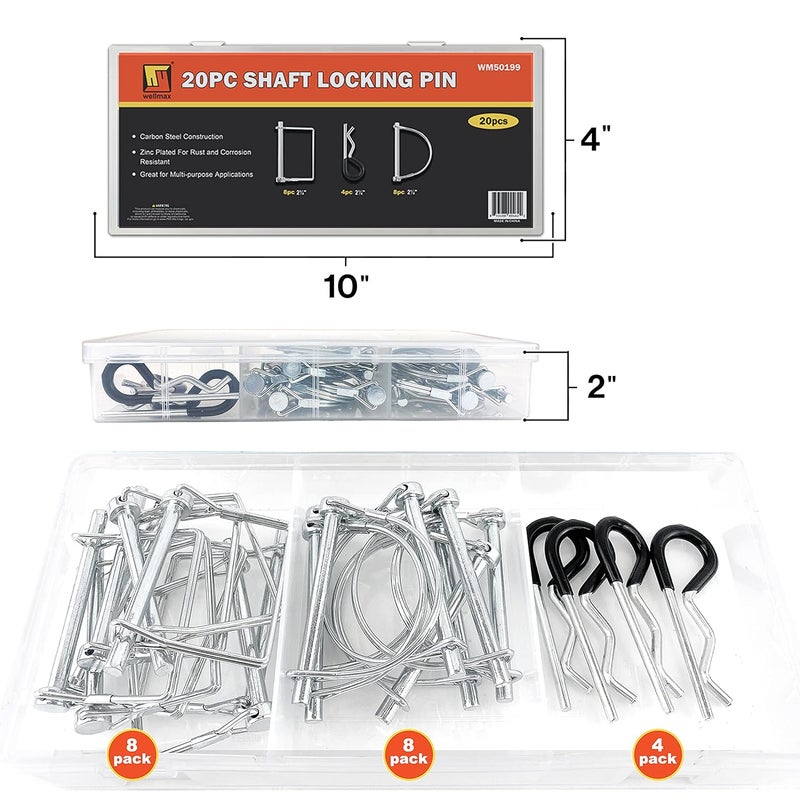 Wellmax 20 Pcs Shaft Locking Pin Set with 4 Pcs Heavy Duty Trailer Hitch Pins - Zinc-Plated Safety Pins - Image 2
