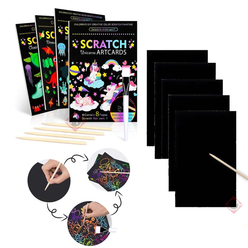 Firstly 4 Scratch Notebooks+ 4 Stylus+1 Brush+ 1 Spirograph Ruler| Party Bag Fillers for Kids, Prize Box Fillers for Kids Party Kid Party Favours Small Toy for Game Prizes - Image 1