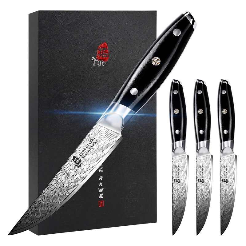 TUO Steak Knife  5 inch Professional Kitchen Steak Knife Set of 4  Kitchen Dinner Knives  G10 Full Tang Handle  High End Knife Set  BLACK HAWK S Series
