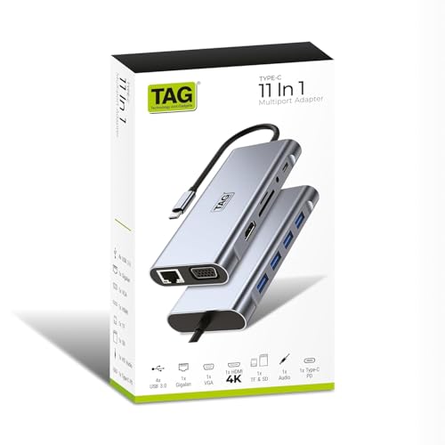 TAG 11 in 1 Type C Multiport Adapter Hub | 4K HDMI, 4 USB 3.0, VGA, 100W PD, SD/TF Card Reader, 1000M RJ45 Ethernet, 3.5mm Audio | 5Gbps Transfer Speed | Supports PC, Macbook Pro Air, Laptops, Tablets - Image 3