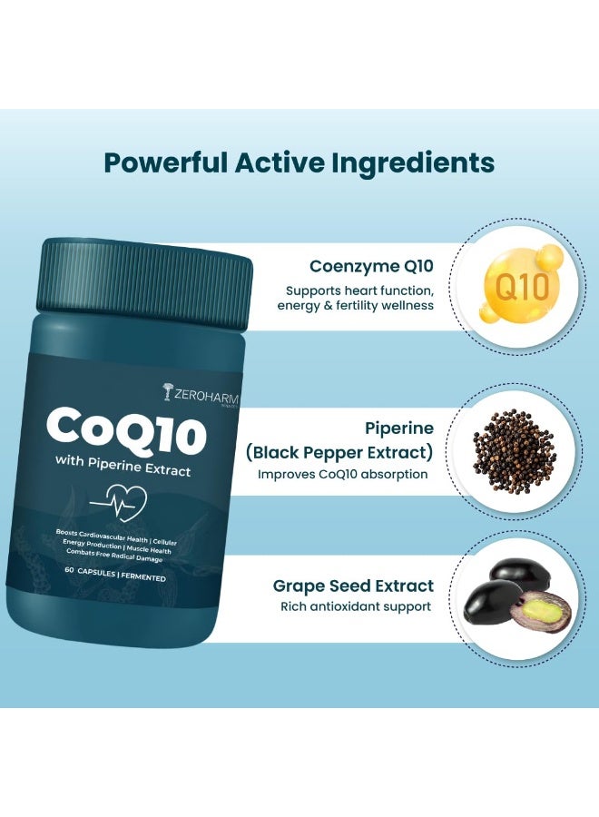 ZEROHARM Coenzyme Q10 | 250mg with Piperine & Grape Seed Extract | High Absorption CoQ10 Supplement | CoQ10 Ubiquinol Supports Heart, Vascular Health & Cellular Energy Production | 120 Veg Capsules - Image 2