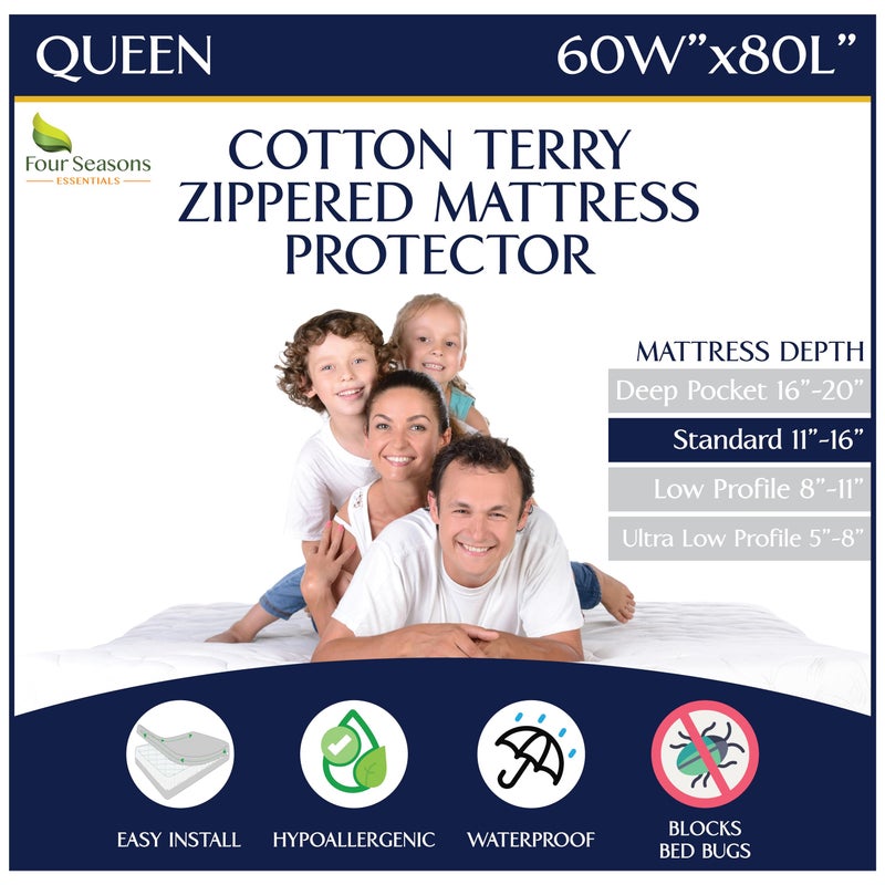 Four Seasons Essentials Queen Size Zippered Mattress Protector  Waterproof Mattress Cover  Hypoallergenic Allergen Proof Bed Encasement  Deep Pocket Cotton Terry Top White 