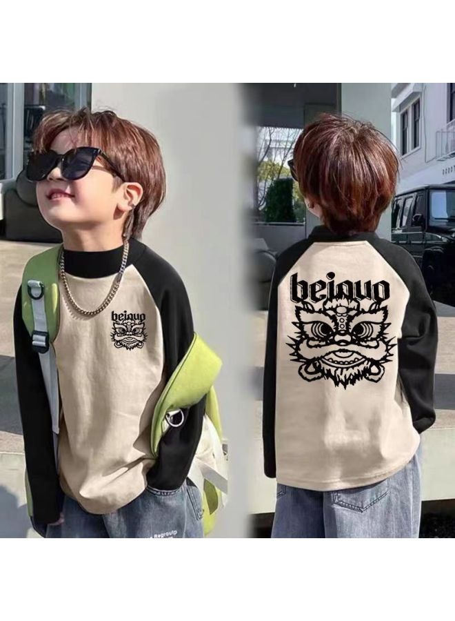 Children's Half Turtleneck Velvet Bottoming Shirt Autumn And Winter New Boys' Raglan Contrasting Color Long-sleeved T-shirt Medium And Large Kidsren's Tops