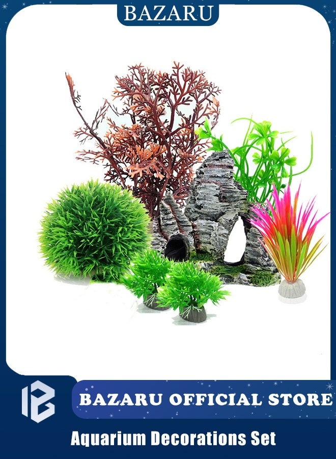 BAZARU Aquarium Decorations Set - Artificial Plants & Resin Cave Rock for Freshwater/Saltwater Tanks, Non-Toxic Fish Tank Accessories with Stable Base & Natural Hideouts (7 Pcs Set) - Image 1