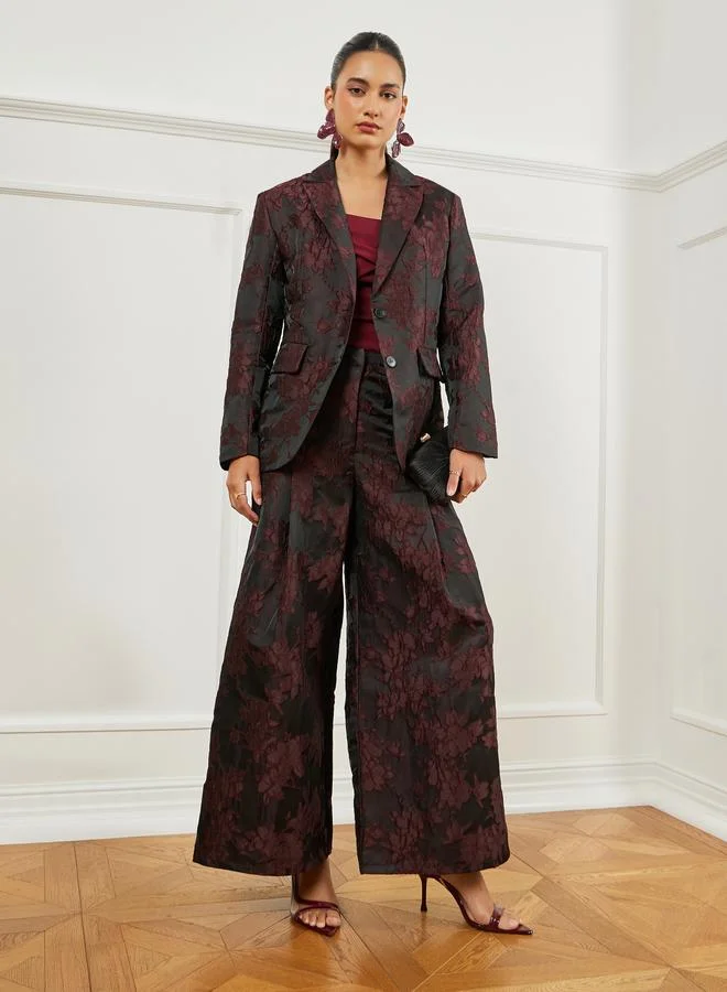 Styli Burgundy Jacquard Double Breasted Blazer
