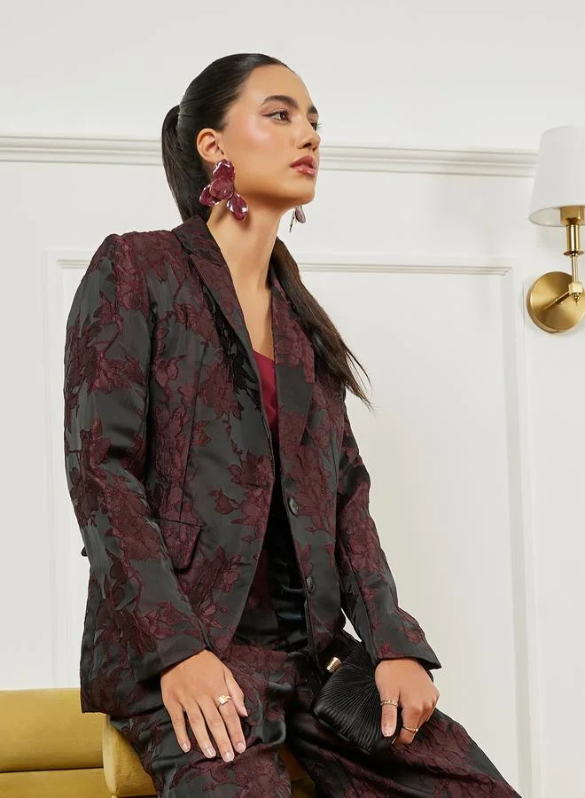 Styli Burgundy Jacquard Double Breasted Blazer