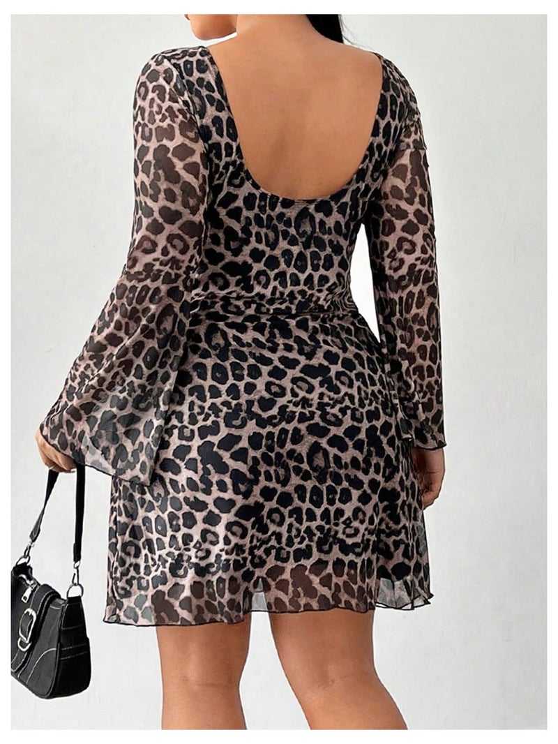 MakeMeChic Women's Plus Size Cocktail Dress Summer Leopard Print Dress Party Bell Sleeve Y2K Backless Going Out Mini Dresses Multicolor XX-Large Plus - Image 3