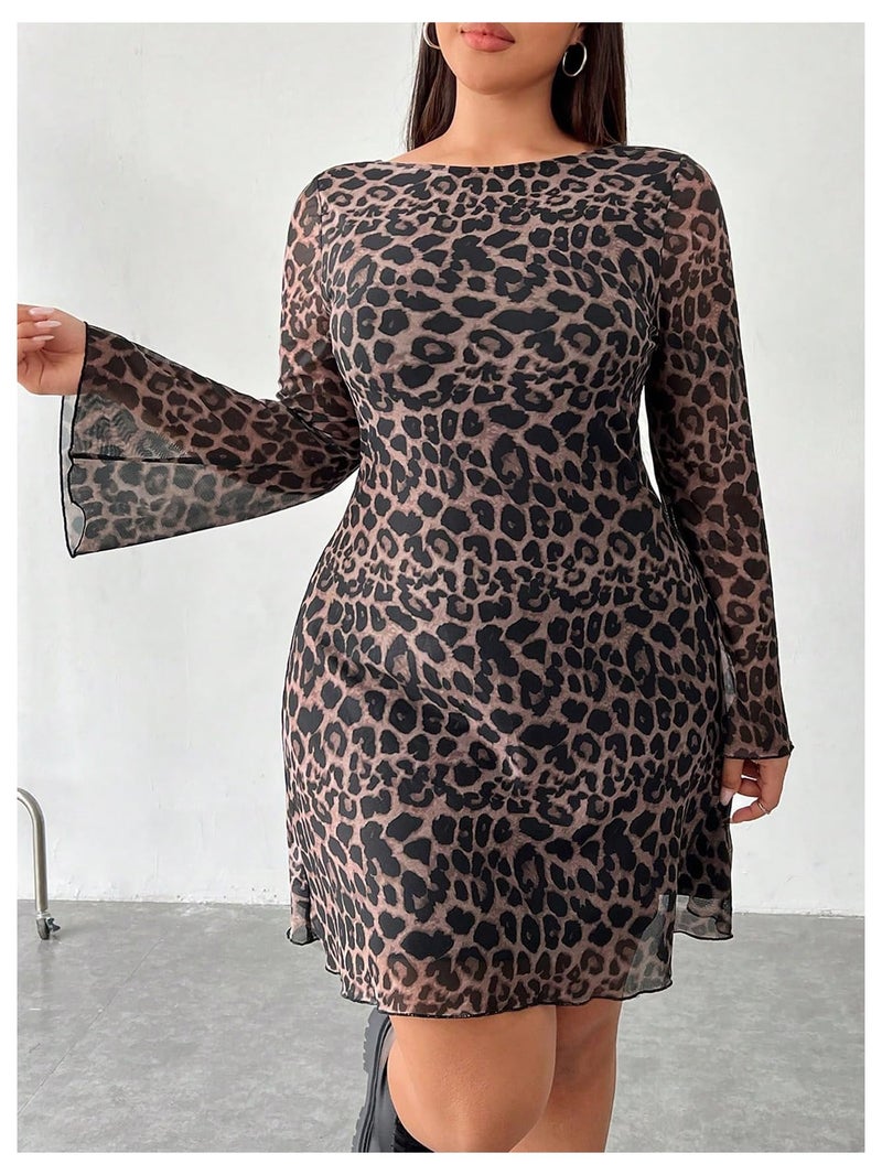 MakeMeChic Women's Plus Size Cocktail Dress Summer Leopard Print Dress Party Bell Sleeve Y2K Backless Going Out Mini Dresses Multicolor XX-Large Plus - Image 4