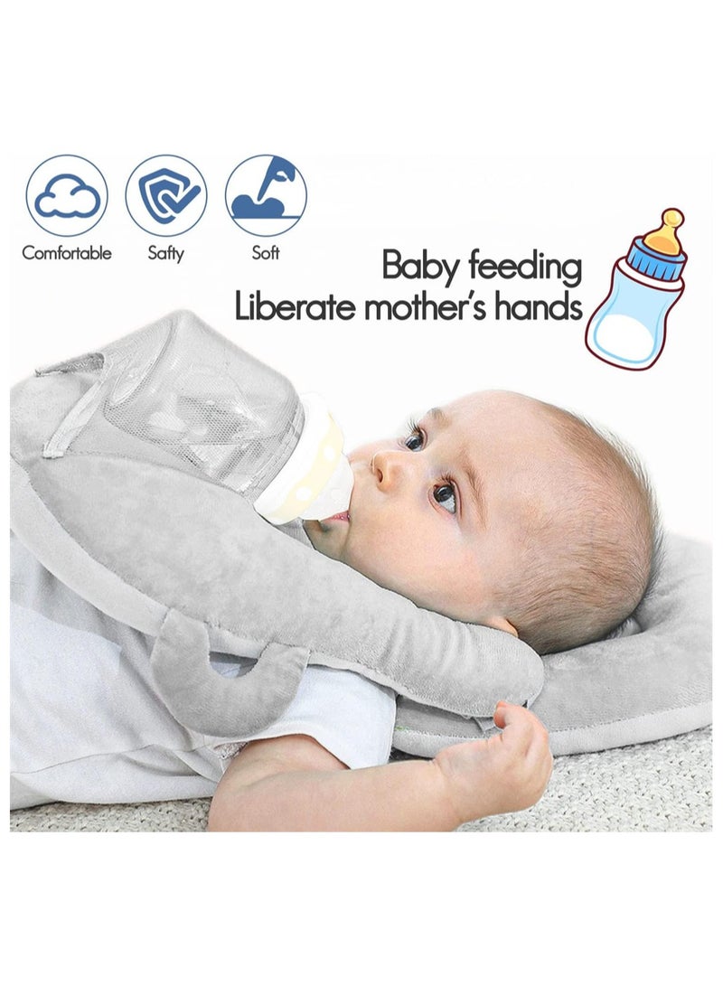 سيوسي وسادة رضاعة الطفل، حامل زجاجة الطفل، وسادة دعم محمولة لحديثي الولادة، وسادة الرضاعة الطبيعية للأطفال، وسادة دعم الزجاجة قابلة للتعديل، وسادة حليب مضادة للبصق، رمادي - Image 4