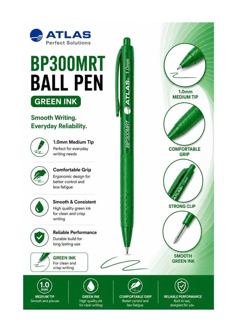 ATLAS 10-Piece Retractable Ballpoint Pen 1.0mm Medium Tip Green Ink - Image 2