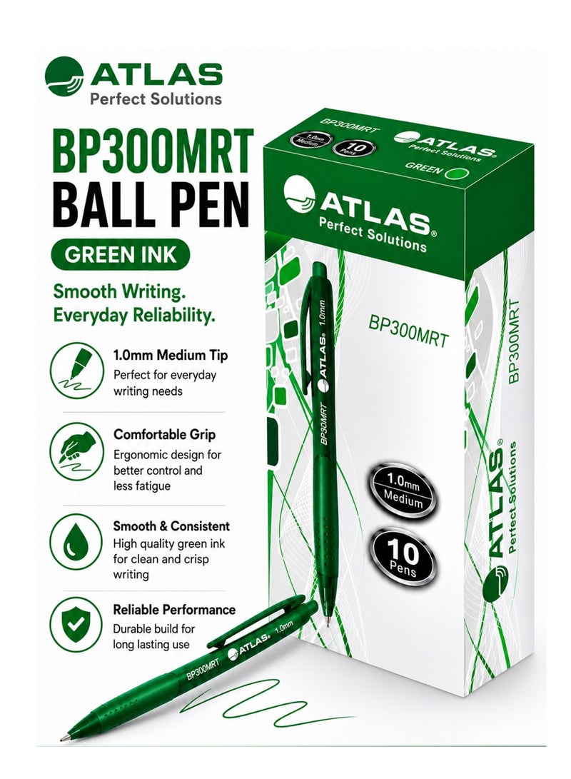 ATLAS 10-Piece Retractable Ballpoint Pen 1.0mm Medium Tip Green Ink - Image 1