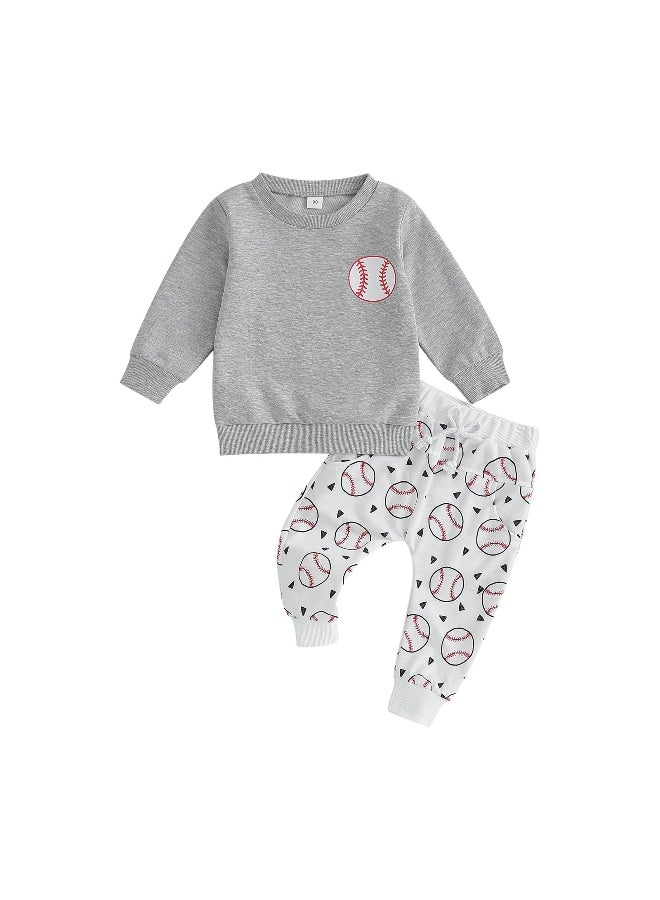 Kids Boys Fall Outfits 12M 18M 24M 3Y 4Y 5Y Baseball Print Crew Neck Long Sleeve Sweatshirts and Elastic Waist Long Pants 2Pcs Clothes Set