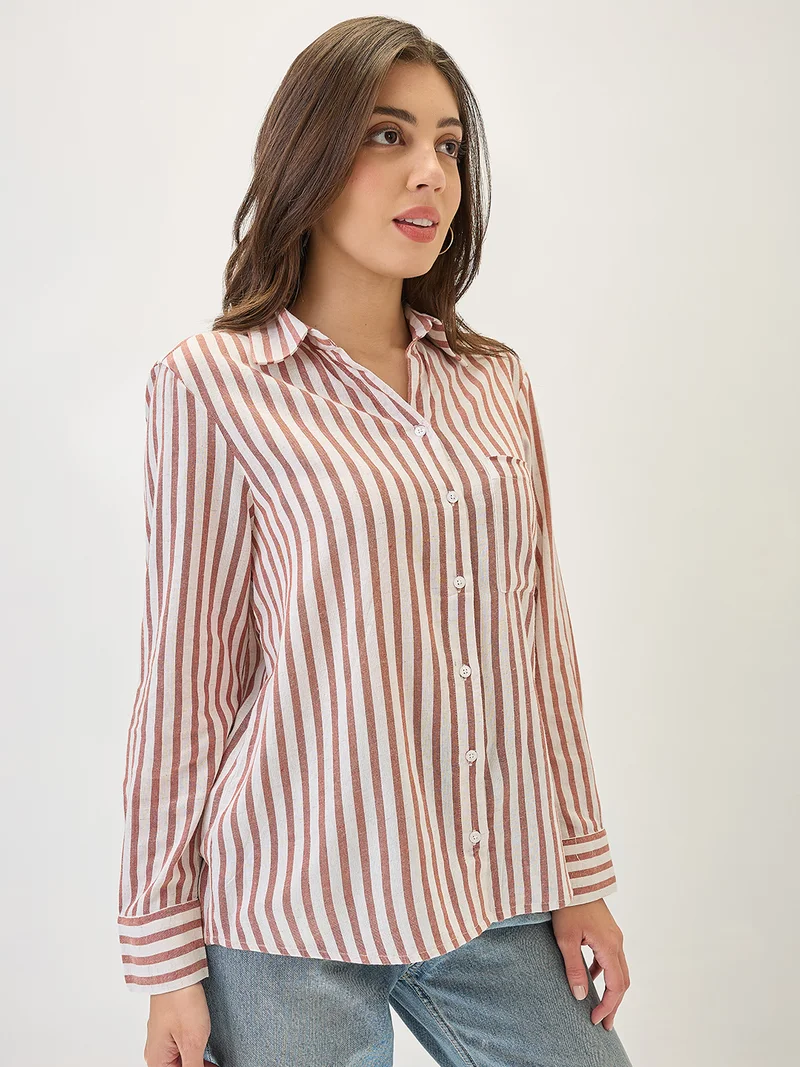 globus Women Cuffed Sleeves Vertical Stripes Chest Pocket Curved Hem Workwear Shirt
