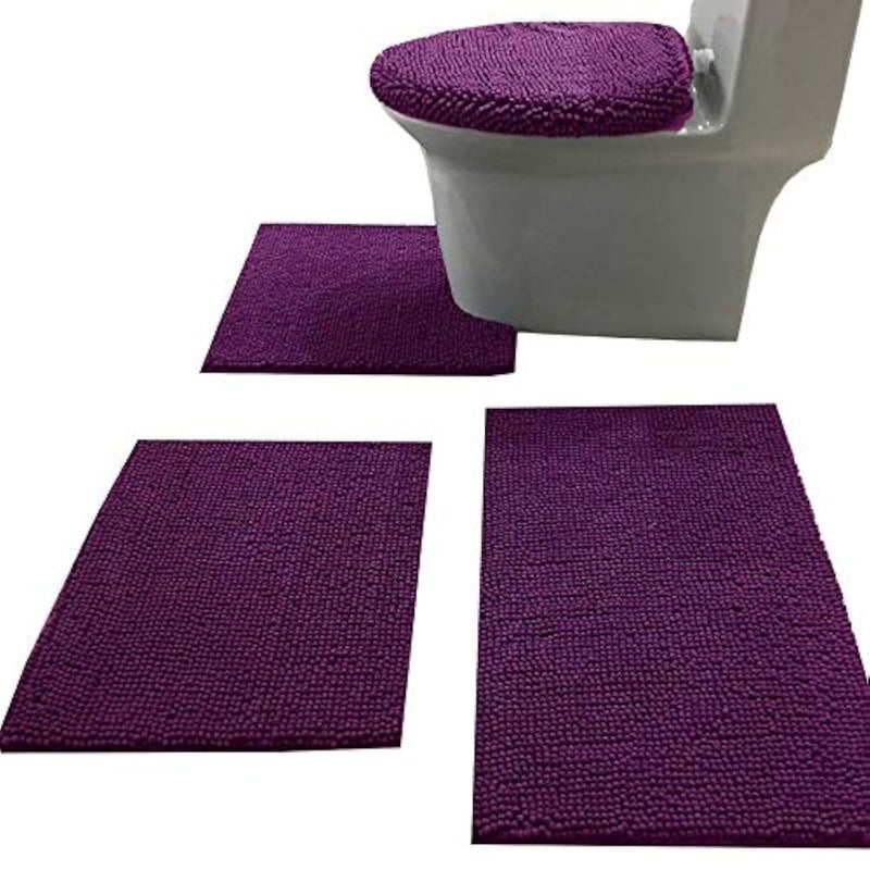 Madeals Bath Rug Set 4 Piece with Toilet Lid Cover and Rug Set Combo Soft Shaggy 3 Piece and UShaped Toilet Floor Rug Purpal