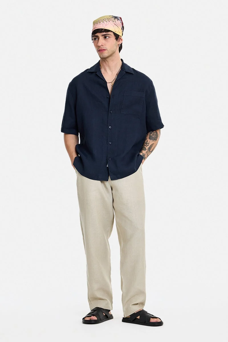 SNITCH Navy Blue Solid Half Sleeve Relaxed Shirt