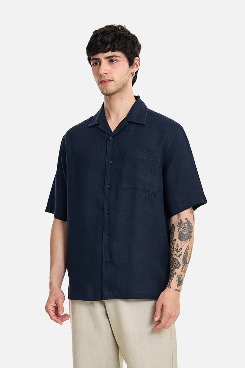 SNITCH Navy Blue Solid Half Sleeve Relaxed Shirt