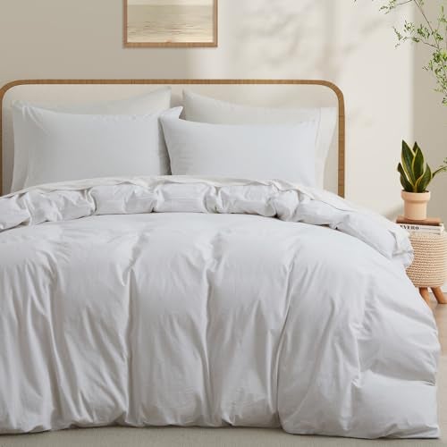 LOVQUE 100% Washed Cotton Duvet Cover King Size, Linen-Like Textured White Fade-Resistant Bedding Set (No Comforter), 104x90 Inches - Image 1