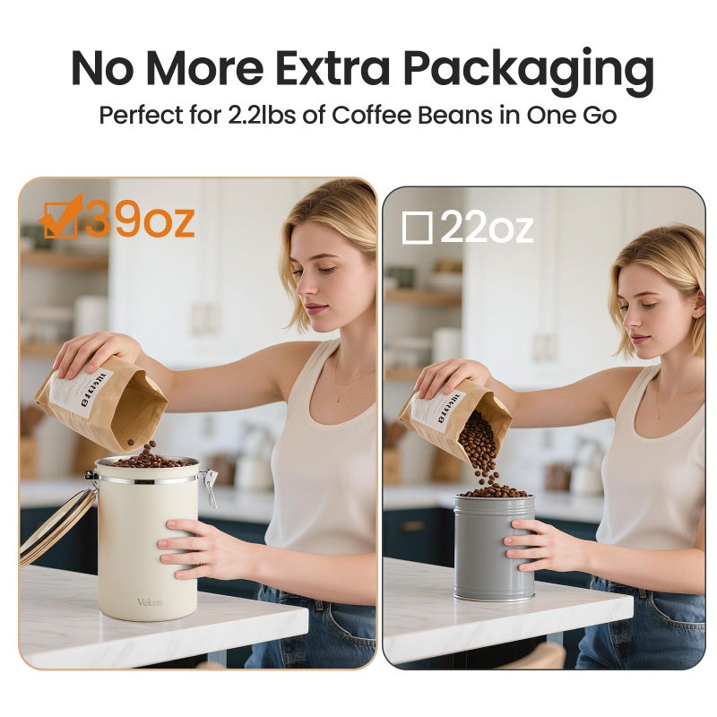 Veken Coffee Canister, 39OZ Large, Airtight Stainless Steel Food Storage Container for 2.2lbs Coffee Beans, Ground, Sugar, Tea, Flour, Cereal, Kitchen Bar Accessories with Date Tracker & Scoop, Cream - Image 4