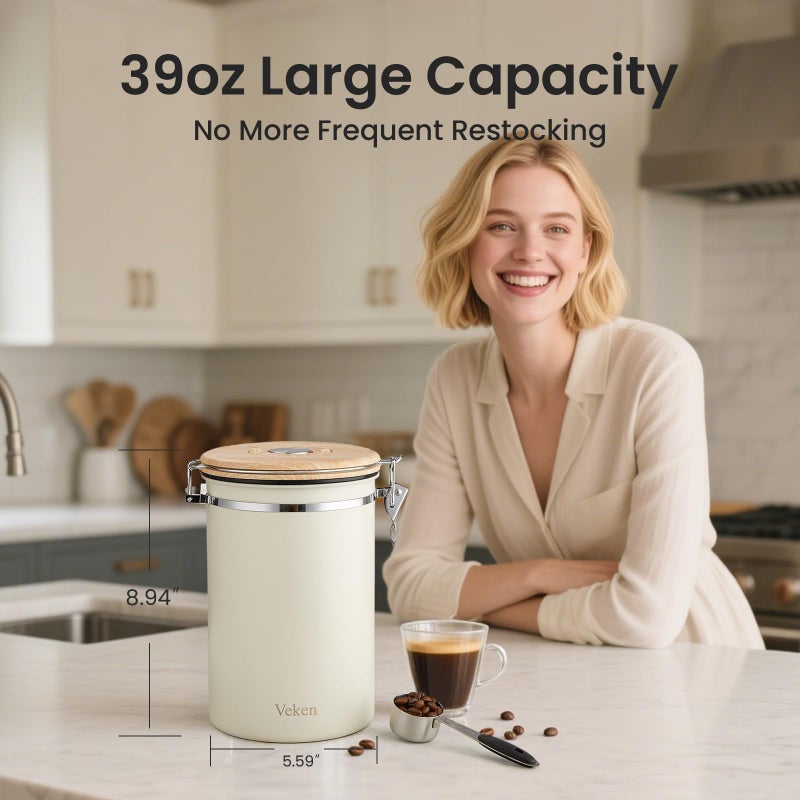 Veken Coffee Canister, 39OZ Large, Airtight Stainless Steel Food Storage Container for 2.2lbs Coffee Beans, Ground, Sugar, Tea, Flour, Cereal, Kitchen Bar Accessories with Date Tracker & Scoop, Cream - Image 3
