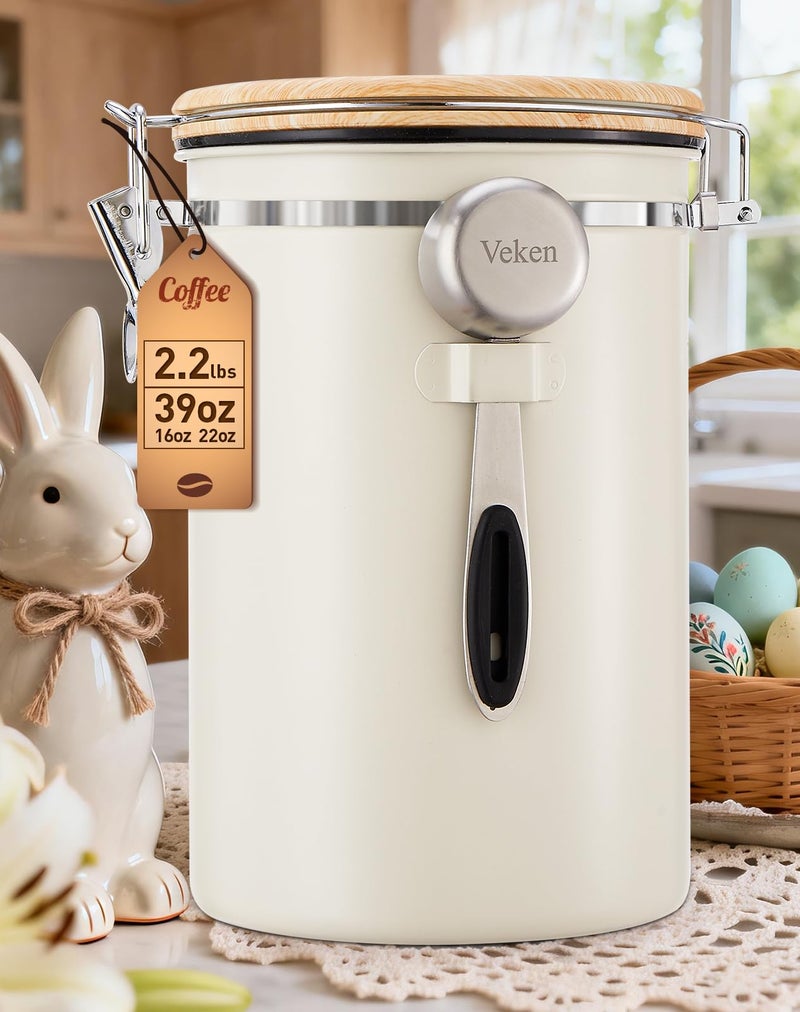 Veken Coffee Canister, 39OZ Large, Airtight Stainless Steel Food Storage Container for 2.2lbs Coffee Beans, Ground, Sugar, Tea, Flour, Cereal, Kitchen Bar Accessories with Date Tracker & Scoop, Cream - Image 1