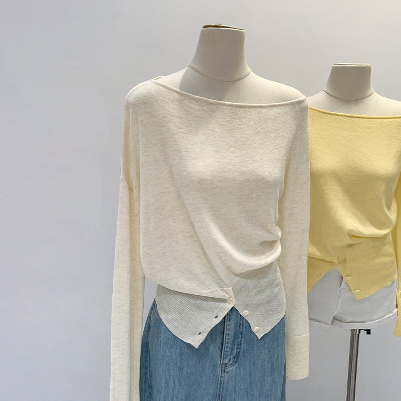 Korean Style Lazy Gentle Style Wear Open Shoulder Slant Shoulder Collar Loose Knitted Sweater Womens Autumn Button Split Top Light gray - Image 2