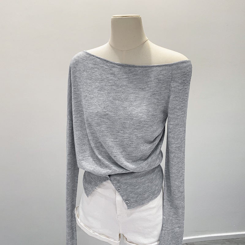 Korean Style Lazy Gentle Style Wear Open Shoulder Slant Shoulder Collar Loose Knitted Sweater Womens Autumn Button Split Top Light gray - Image 1