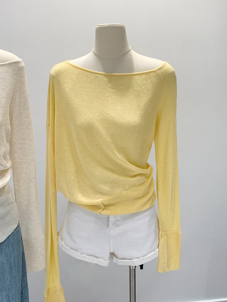 Korean Style Lazy Gentle Style Wear Open Shoulder Slant Shoulder Collar Loose Knitted Sweater Womens Autumn Button Split Top Light gray - Image 3