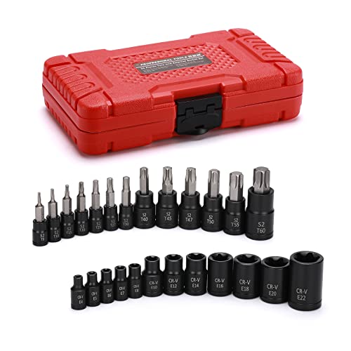 EMENTOL Torx Bit and E-Torx Socket Set, 25pcs, 1/4 & 3/8 & 1/2-inch Drive, Star Bits T8-T60, E Sockets E4-E22, CR-V & S2 Steel - Image 1