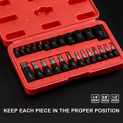 EMENTOL Torx Bit and E-Torx Socket Set, 25pcs, 1/4 & 3/8 & 1/2-inch Drive, Star Bits T8-T60, E Sockets E4-E22, CR-V & S2 Steel - Image 5