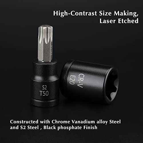 EMENTOL Torx Bit and E-Torx Socket Set, 25pcs, 1/4 & 3/8 & 1/2-inch Drive, Star Bits T8-T60, E Sockets E4-E22, CR-V & S2 Steel - Image 4